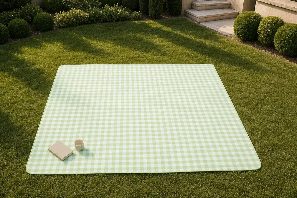 Green gingham picnic mat with a book and cup, styling props not included