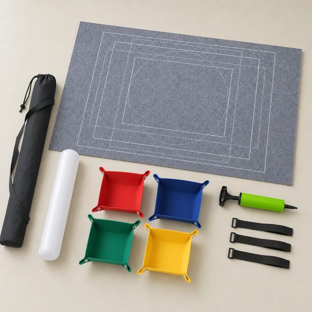 Gray puzzle mat with rolling tube, bag, four sorting trays, pump and straps
