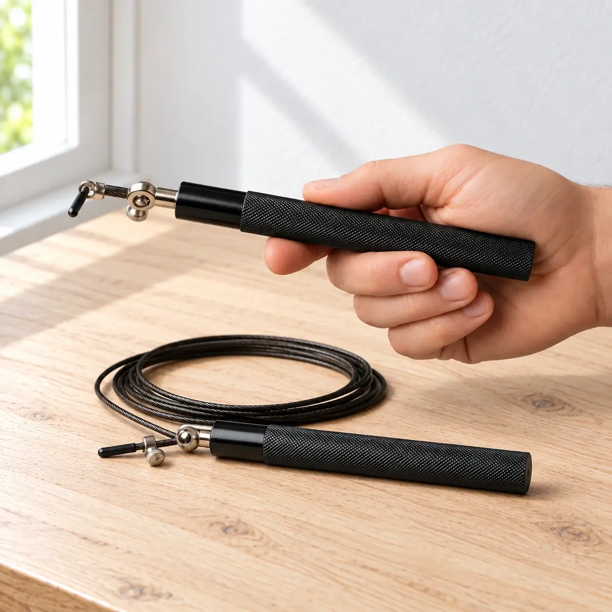 One unthreaded black alloy handle held beside the coiled cable, a component view of the selected speed rope. Reference-conditioned image.