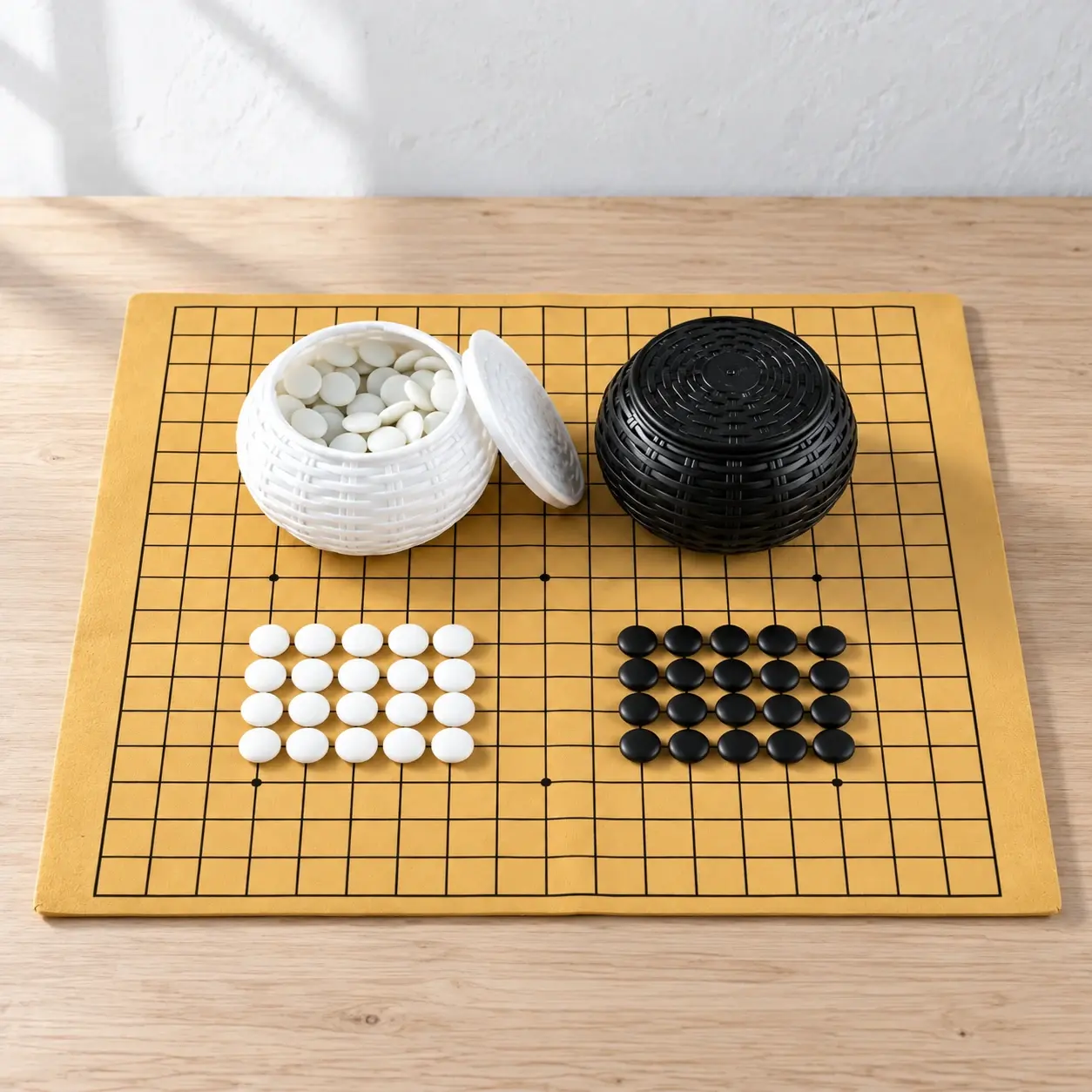 Go board with black and white bowls and arranged stones on a wood table
