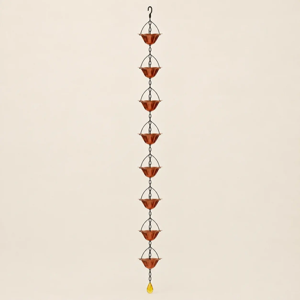 Copper-Tone Cup Rain Chain, selected product photographed on warm ivory