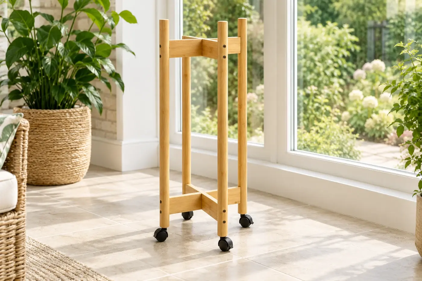 Empty bamboo plant caddy beside a garden window; plants are styling only