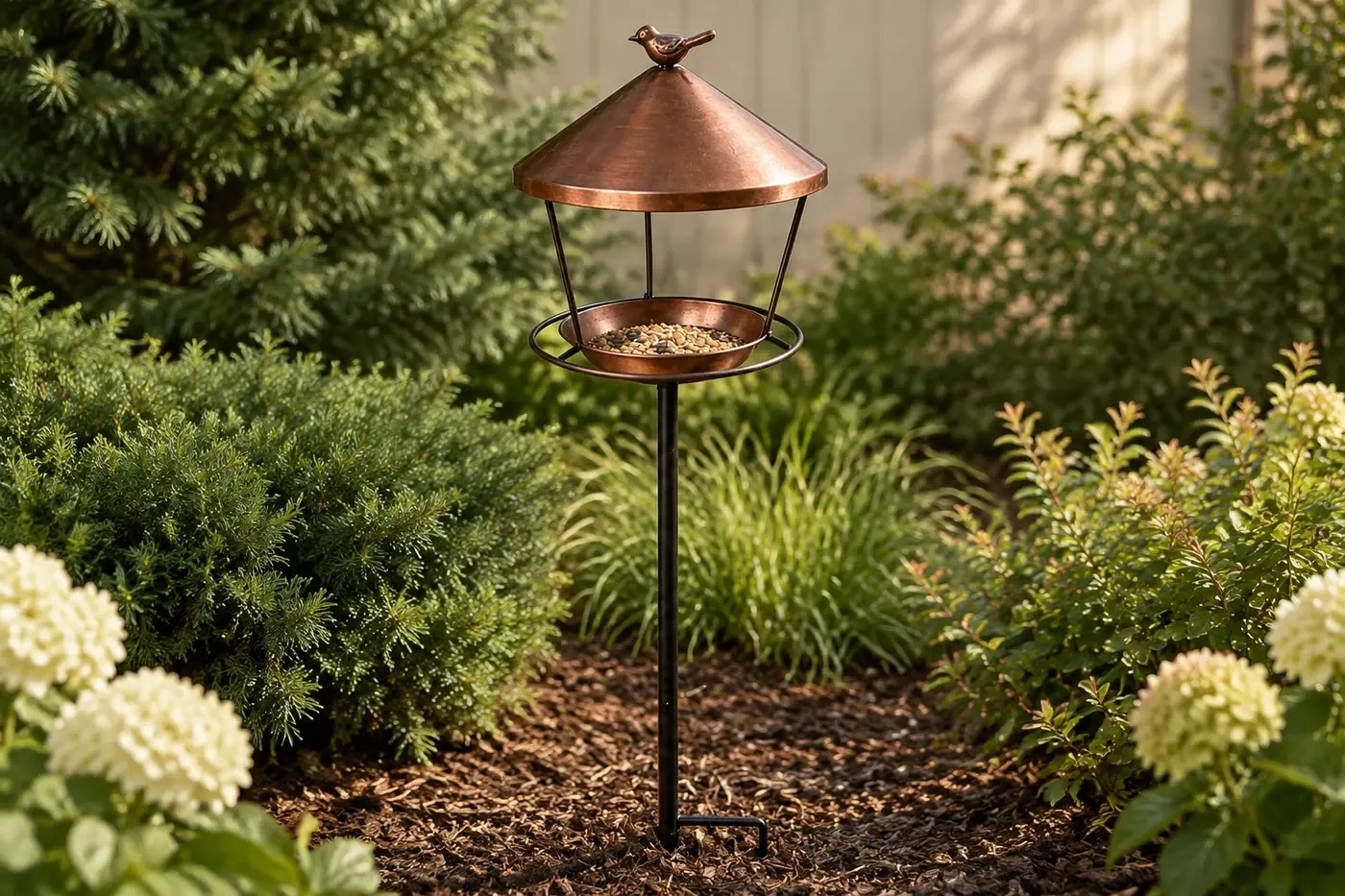 Copper-tone bird feeder with seed in a garden bed, seed not included