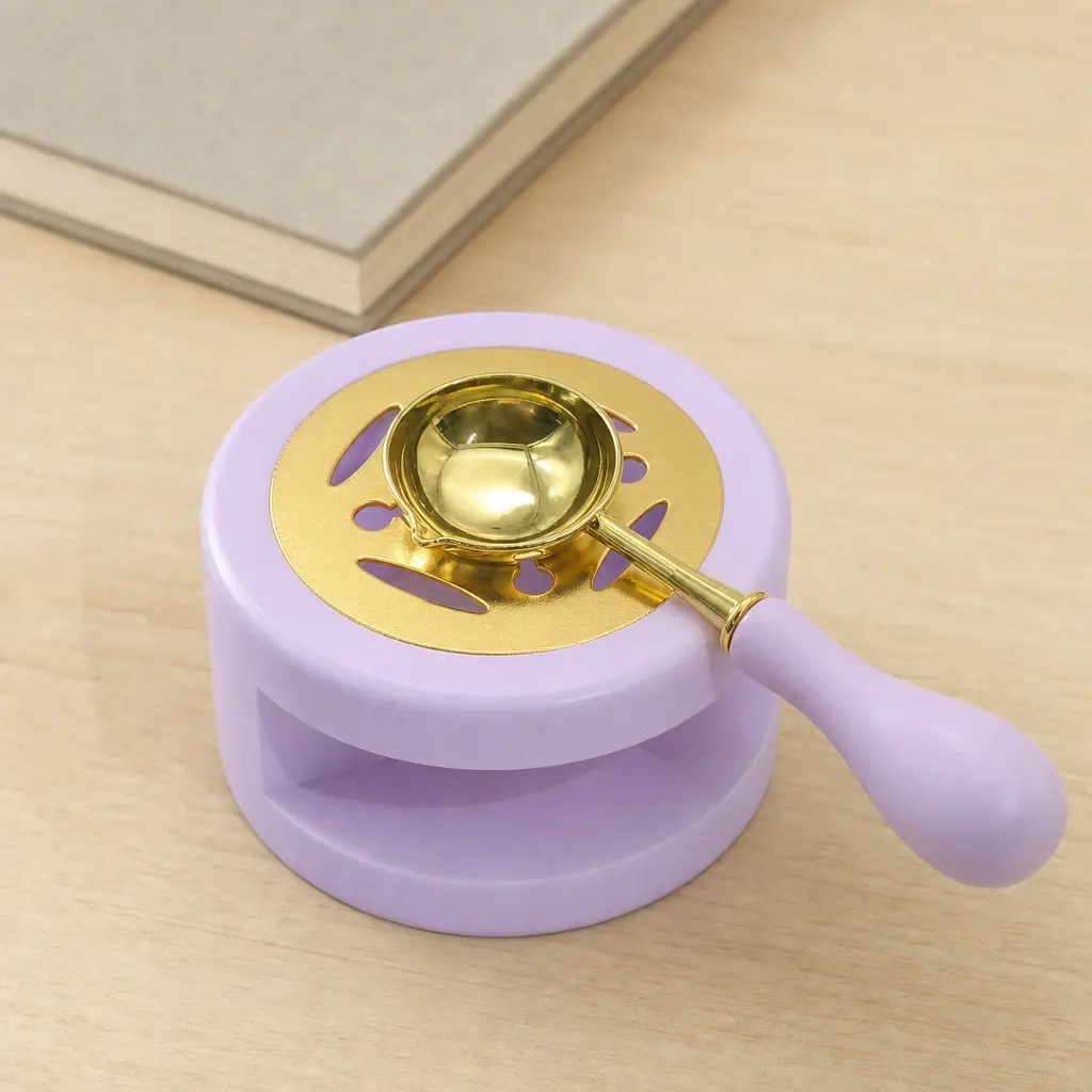 Lilac Wax Warmer & Spoon on a creative worktable