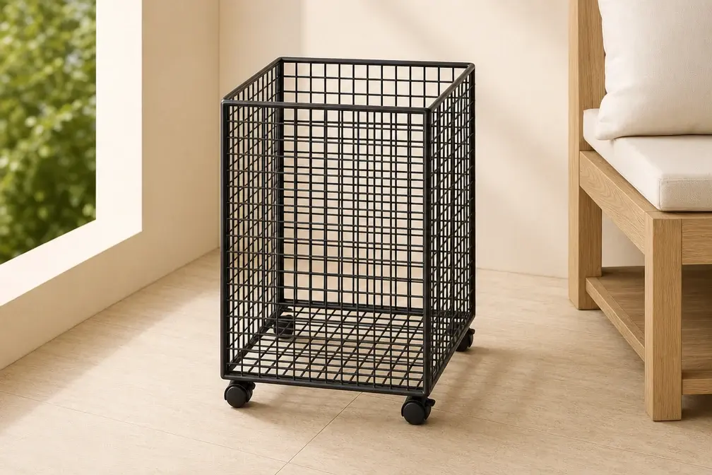 Plain black wire cart beside a covered garden-room bench
