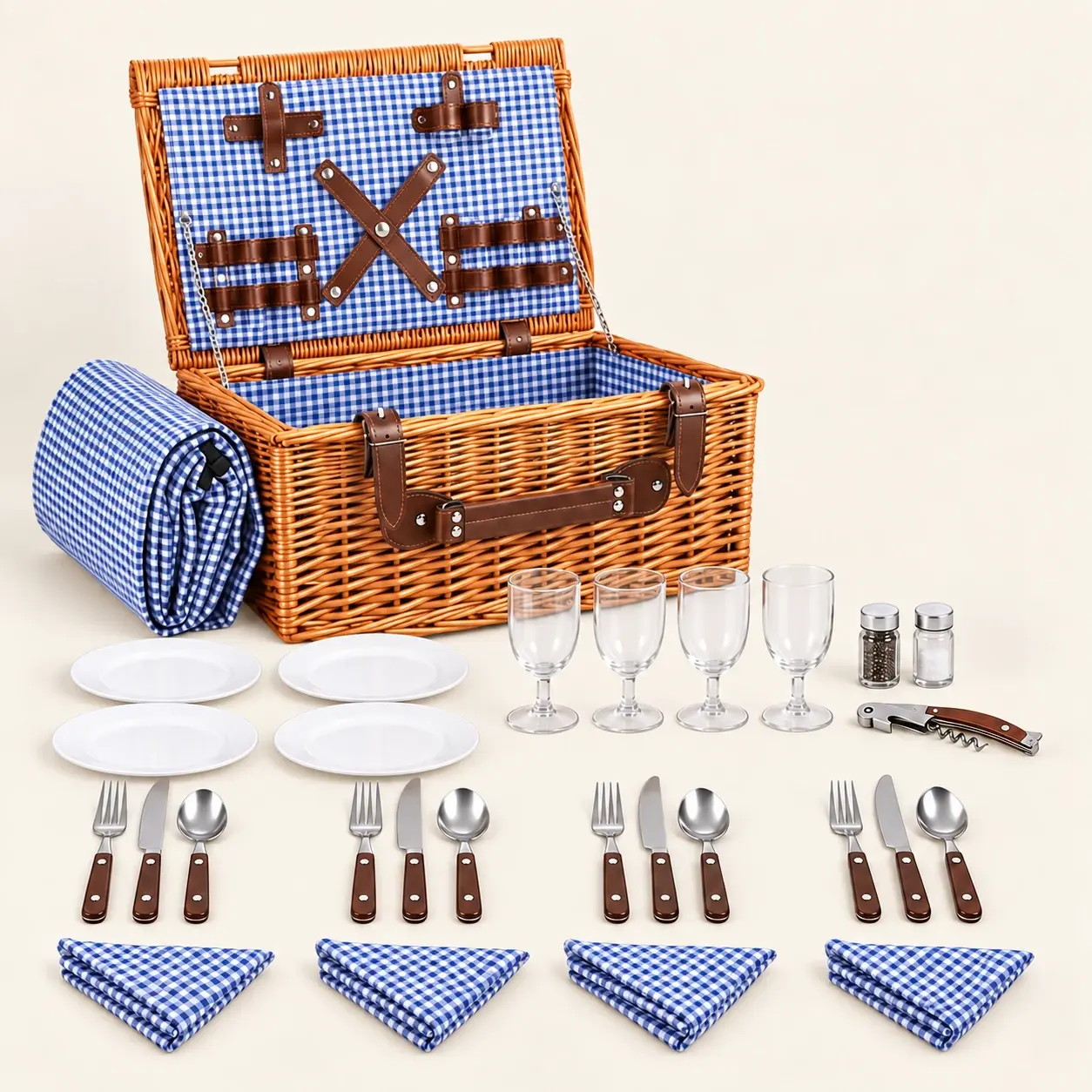 Gingham Picnic Basket for Four, selected product photographed on warm ivory