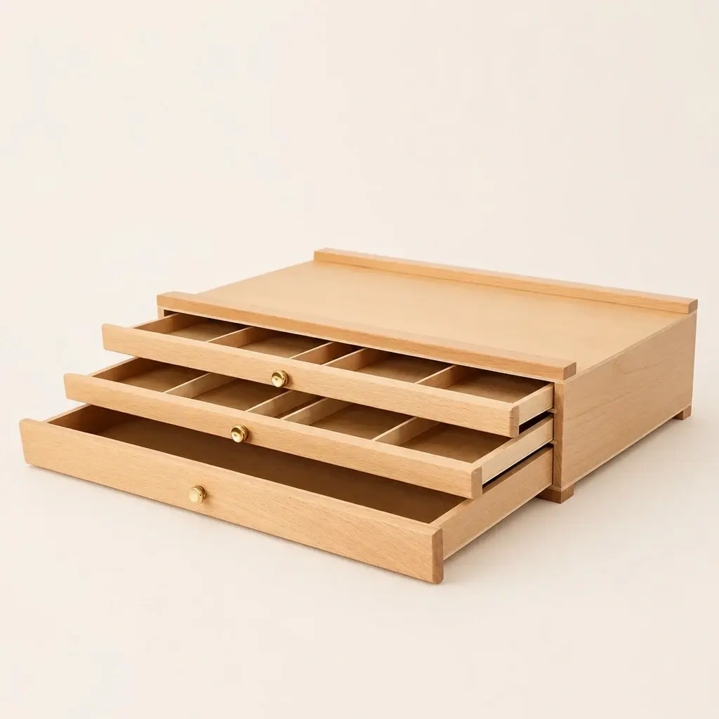 Three Drawer Studio Organizer in the selected HH-3 natural wood, three drawers