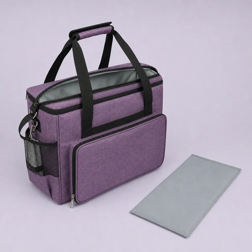 Open purple sewing bag and separate gray base insert