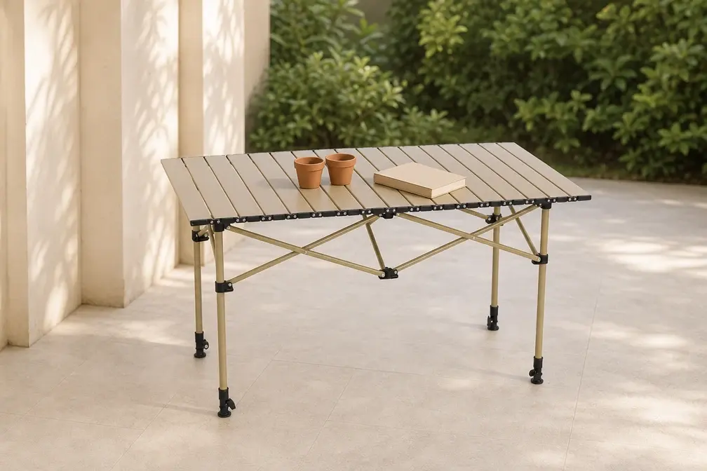Beige slatted folding table with two empty pots and a book, styling props not included