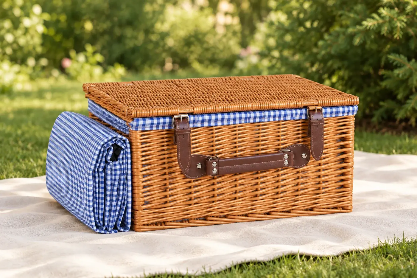 Blue gingham basket on a picnic cloth, cloth not included